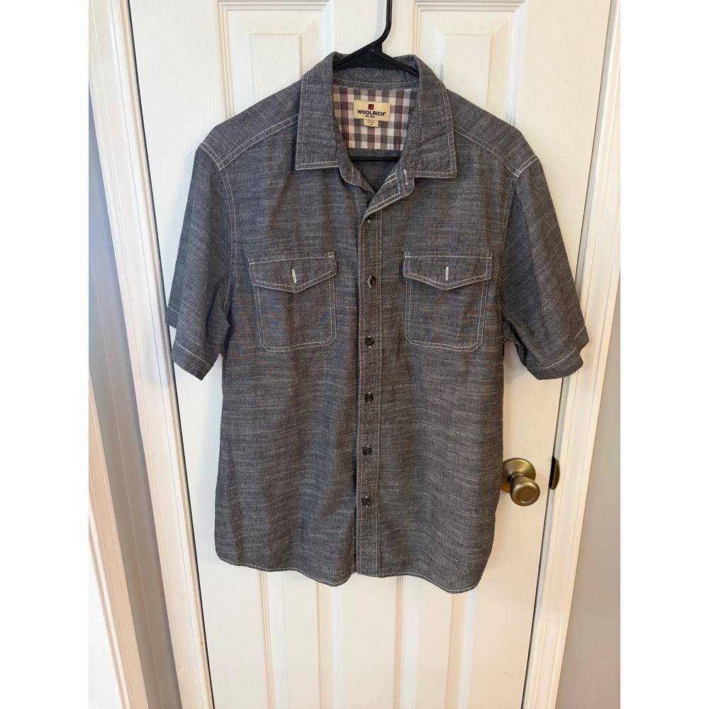 Woolrich Button Down Shirt Mens Large Gray Short Sleeve Textured Utility Pocket